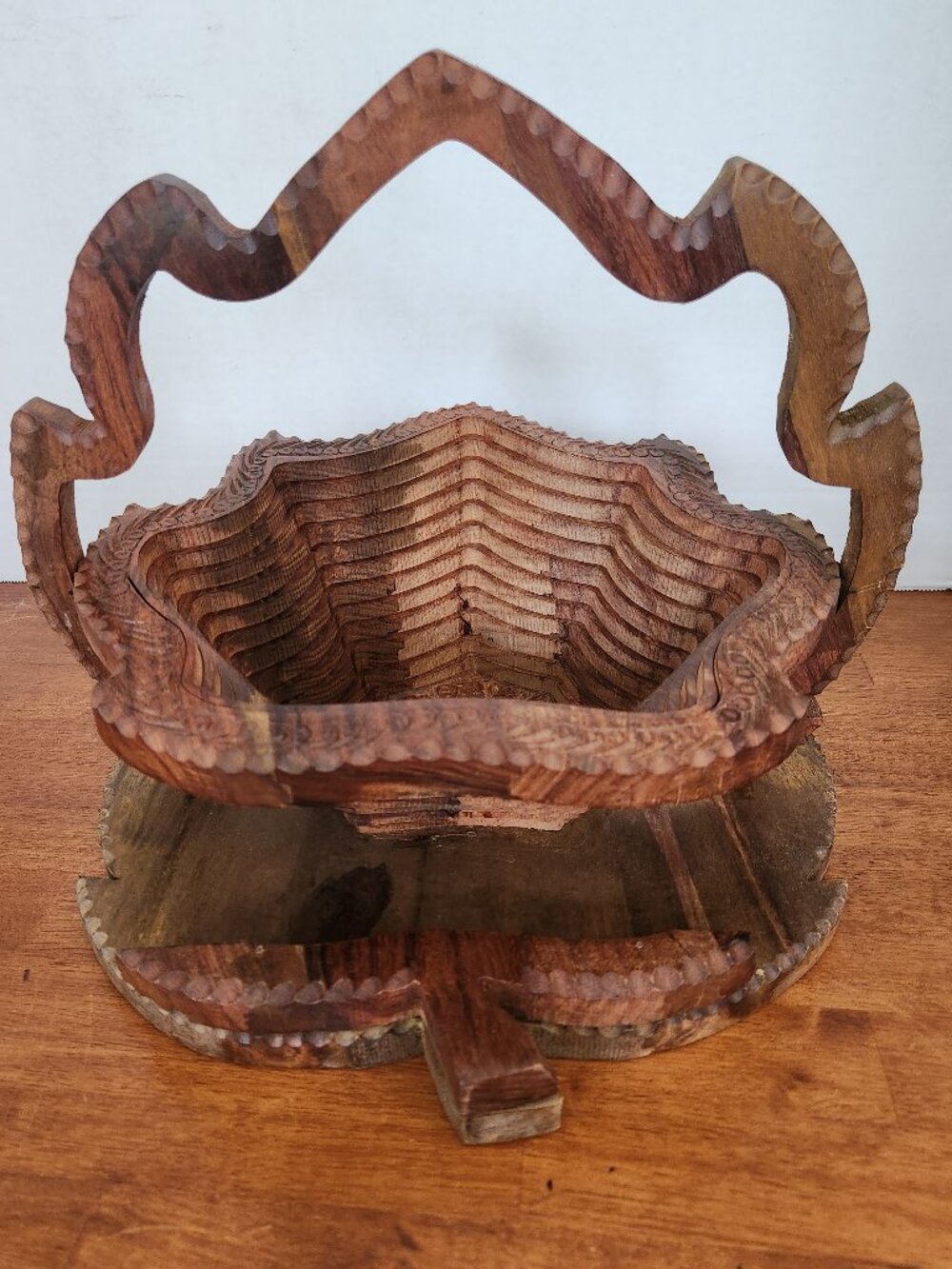VINTAGE Collapsible Foldable Wooden Bowl/Basket BOHO Chic Hand-Carved Decorative